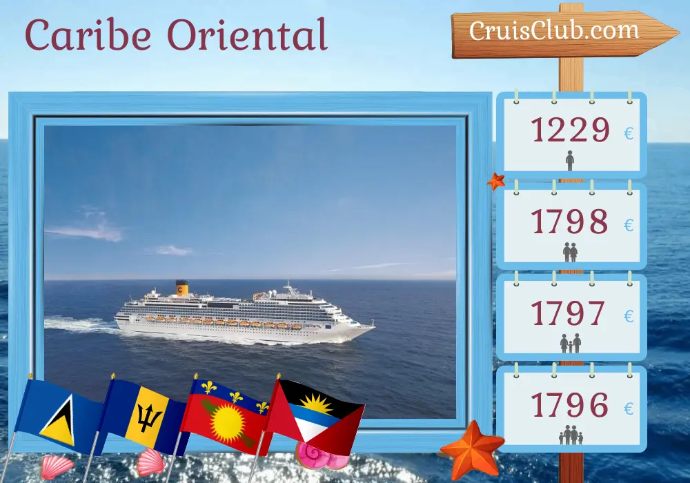 Cruzeiro no Caribe Oriental a partir de La Romana a bordo do navio Costa Fascinosa com visitas à República Dominicana, Santa Lúcia, Barbados, Guadalupe e Ilhas Virgens Britânicas por 8 dias