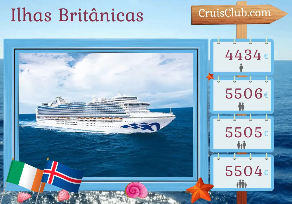 Cruzeiro pelas Ilhas Britânicas a partir de Southampton a bordo do navio Emerald Princess com visitas à Irlanda e Islândia por 15 dias