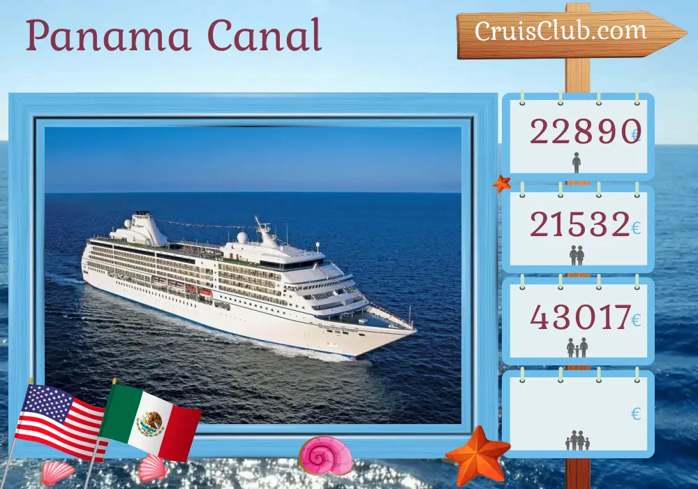 Cruise in the Panama Canal from Miami to Honolulu aboard Seven Seas Mariner ship with visits to USA, Colombia, Panama, Costa Rica, Guatemala, and Mexico for 22 days