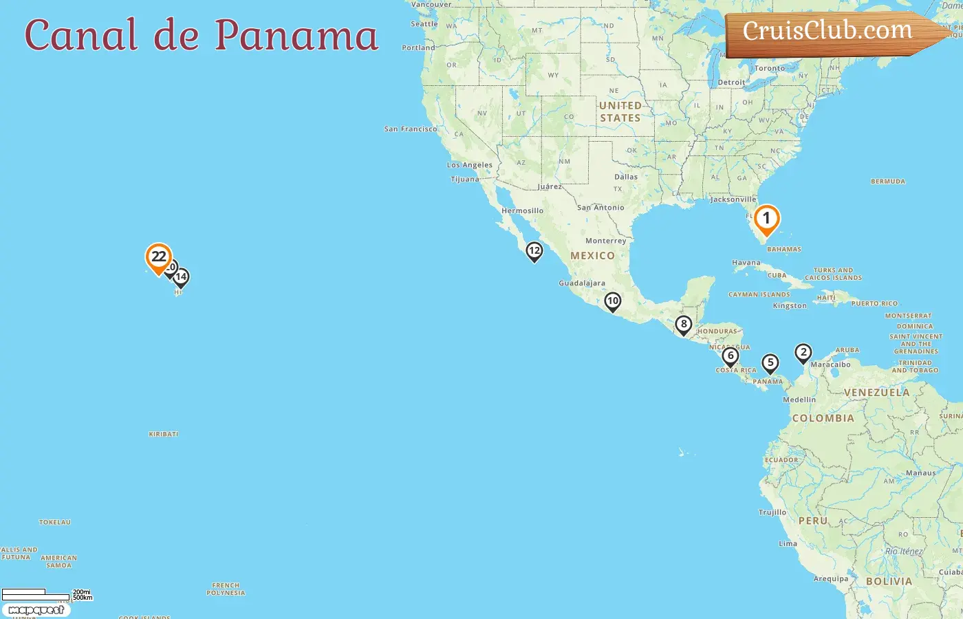 Croisière dans le canal de Panama de Miami à Honolulu à bord du navire Seven Seas Mariner avec des visites aux États-Unis, en Colombie, au Panama, au Costa Rica, au Guatemala et au Mexique pendant 22 jours
