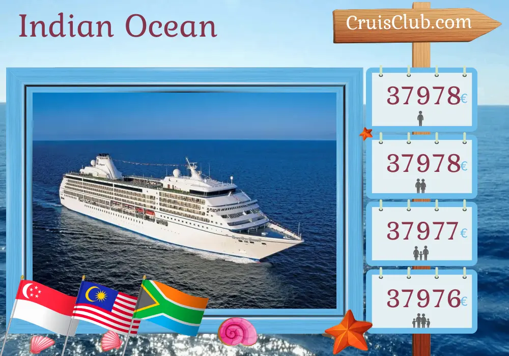 Cruise in the Indian Ocean from Singapore to Cape Town aboard Seven Seas Mariner ship with visits to Singapore, Malaysia, Thailand, Sri Lanka, India, Maldives, Seychelles, Madagascar, Mayotte, Mozambique, and South Africa for 31 days