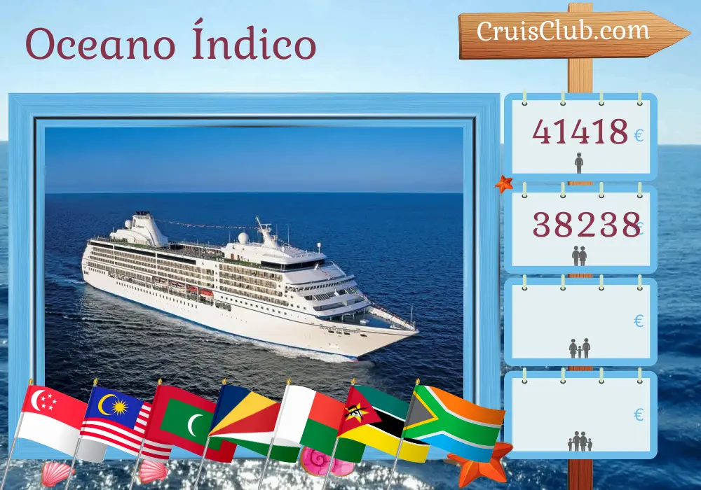 Cruzeiro no Oceano Índico de Singapura a Cidade do Cabo a bordo do navio Seven Seas Mariner com visitas a Singapura, Malásia, Tailândia, Sri Lanka, Índia, Maldivas, Seychelles, Madagascar, Mayotte, Moçambique e África do Sul por 31 dias