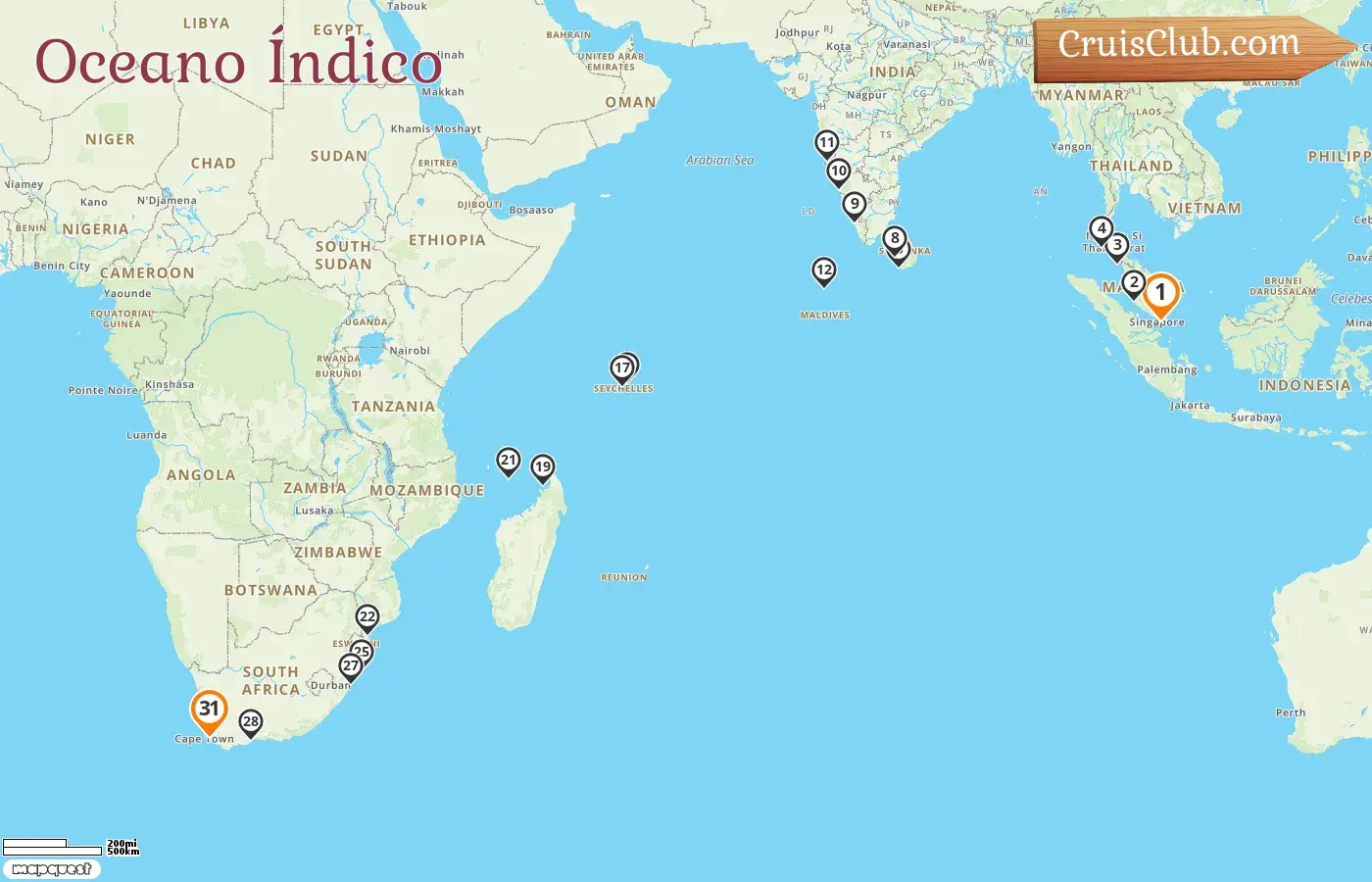Cruzeiro no Oceano Índico de Singapura a Cidade do Cabo a bordo do navio Seven Seas Mariner com visitas a Singapura, Malásia, Tailândia, Sri Lanka, Índia, Maldivas, Seychelles, Madagascar, Mayotte, Moçambique e África do Sul por 31 dias