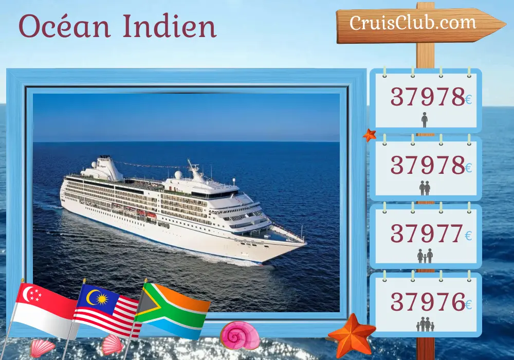 Croisière dans l`océan Indien de Singapour au Cap à bord du navire Seven Seas Mariner avec des visites à Singapour, en Malaisie, en Thaïlande, au Sri Lanka, en Inde, aux Maldives, aux Seychelles, à Madagascar, à Mayotte, au Mozambique et en Afrique du Sud pendant 31 jours