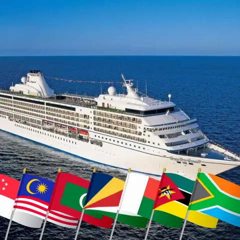 Kreuzfahrt im Indischen Ozean von Singapur nach Kapstadt an Bord des Schiffes Seven Seas Mariner mit Stops in Singapur, Malaysia, Thailand, Sri Lanka, Indien, Malediven, Seychellen, Madagaskar, Mayotte, Mosambik und Südafrika für 31 Tage