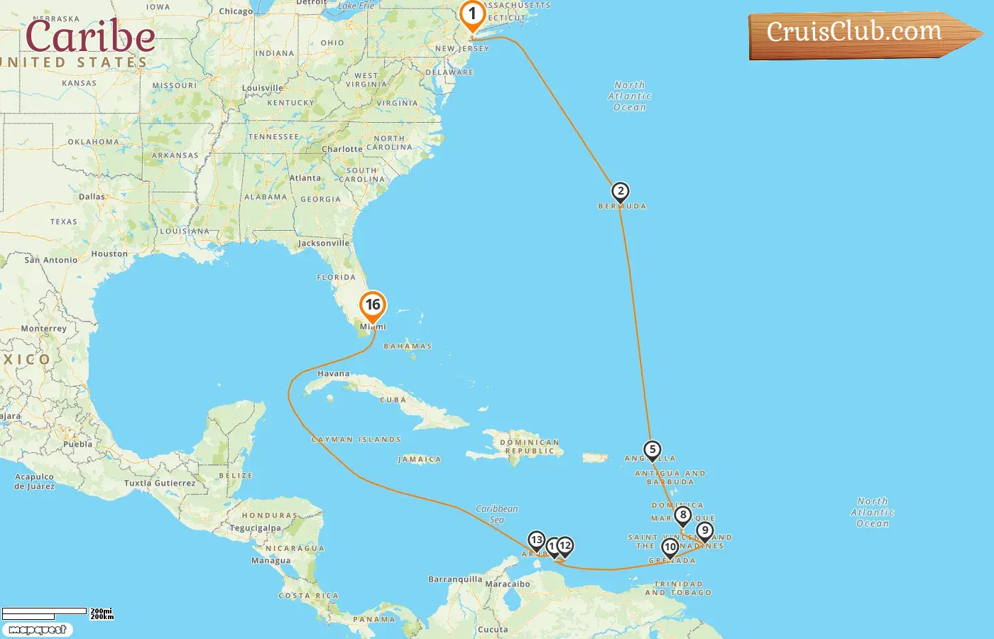 Crucero por el Caribe desde Nueva York a Miami a bordo del barco Seven Seas Splendor con visitas a Estados Unidos, Bermudas, San Bartolomé, Barbados, Granada, Curazao y Aruba durante 16 días