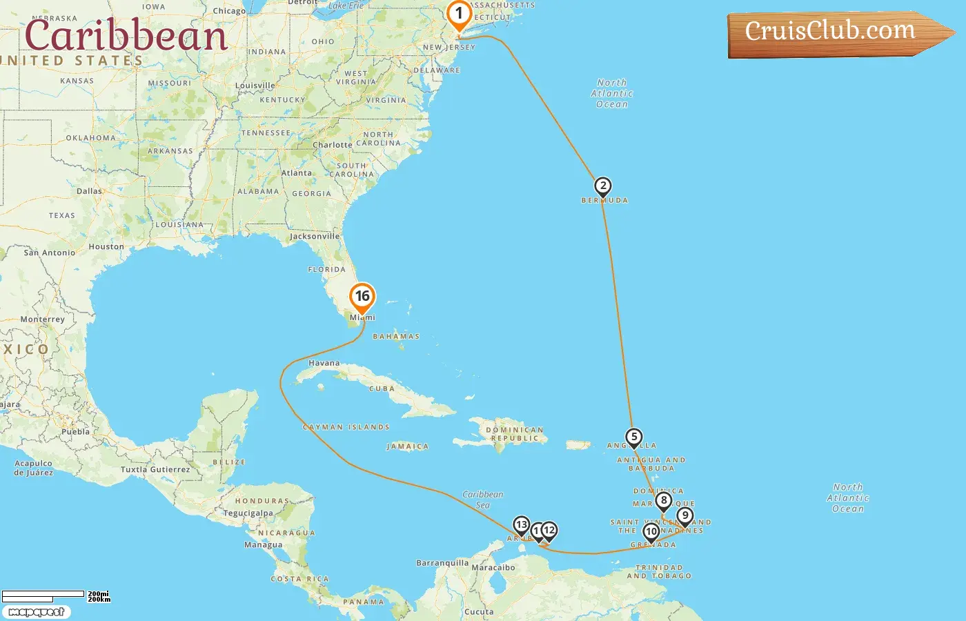 Cruise in the Caribbean from New York to Miami aboard Seven Seas Splendor ship with visits to USA, Bermuda, Saint Barthélemy, Barbados, Grenada, Curaçao, and Aruba for 16 days