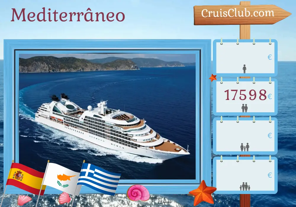 Cruzeiro no Mediterrâneo de Barcelona a Pireu a bordo do navio Seabourn Quest com visitas à Espanha, Tunis, Egito, Israel, Chipre e Grécia por 17 dias