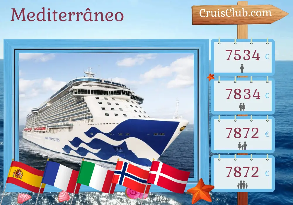 Cruzeiro no Mediterrâneo a partir de Southampton a bordo do navio Sky Princess com visitas à Espanha, França, Itália, Noruega e Dinamarca por 22 dias