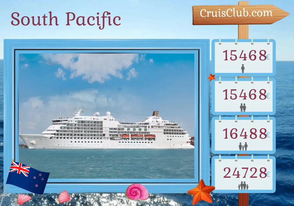 Cruise in the South Pacific from Papeete to Auckland aboard Seven Seas Navigator ship with visits to French Polynesia, Samoa, Fiji, and New Zealand for 17 days