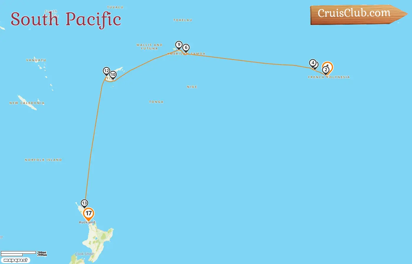 Cruise in the South Pacific from Papeete to Auckland aboard Seven Seas Navigator ship with visits to French Polynesia, Samoa, Fiji, and New Zealand for 17 days