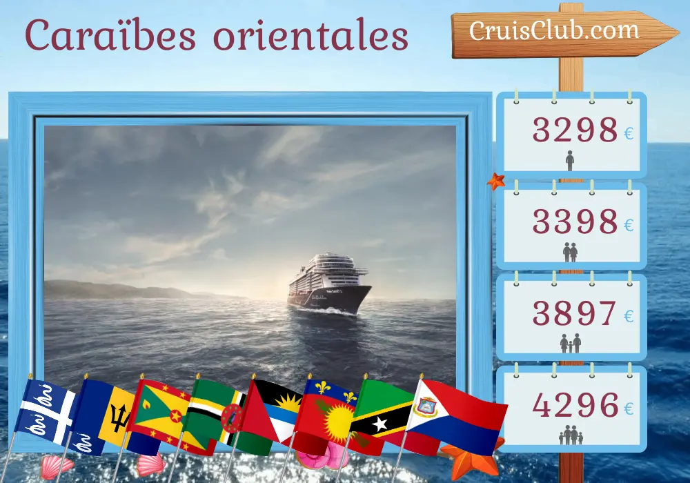 Croisière dans les Caraïbes de l`Est au départ de La Romana à bord du navire Mein Schiff 2 avec des visites en République dominicaine, Martinique, Barbade, Grenade, Saint-Vincent-et-les Grenadines, Dominique, Guadeloupe et Saint-Christophe-et-Niévès pendant 15 jours