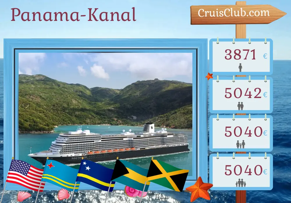 Kreuzfahrt im Panamakanal von Fort Lauderdale an Bord des Schiffes Rotterdam mit Besuchen in den USA, Aruba, Curaçao, den Bahamas, Kolumbien, Panama, Costa Rica und Jamaika für 22 Tage