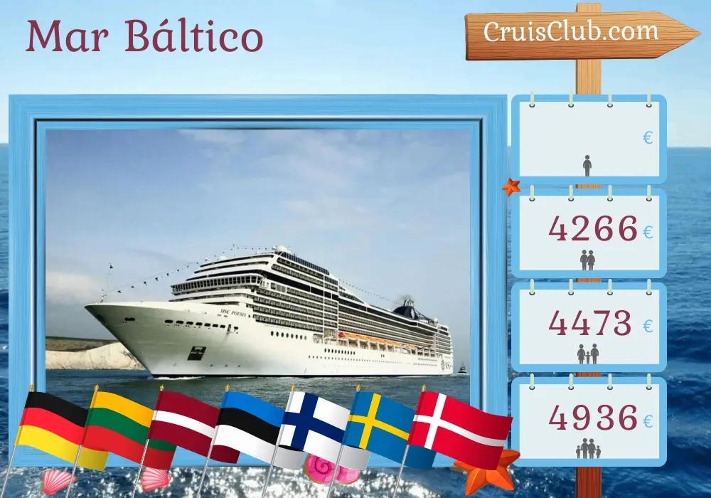 Cruise en el mar Báltico desde Warnemünde a bordo del barco MSC Poesia con visitas a Alemania, Polonia, Lituania, Letonia, Estonia, Finlandia, Suecia y Dinamarca durante 12 días