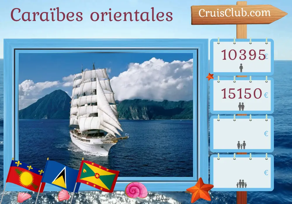 Croisière dans les Caraïbes de l`Est au départ de Pointe-à-Pitre à bord du navire Sea Cloud II avec visites en Guadeloupe, aux Îles Vierges britanniques, à Saint-Barthélemy, à Sainte-Lucie, à Saint-Vincent et aux Grenadines, et à la Grenade pendant 15 jours