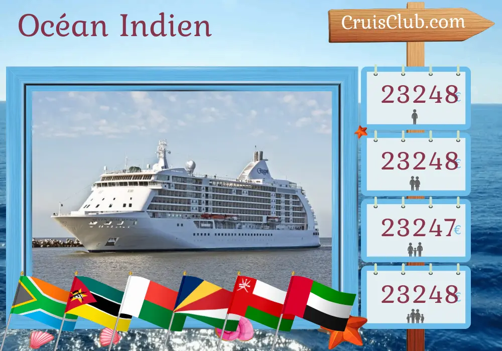 Croisière dans l`océan Indien de Cape Town à Dubaï à bord du navire Seven Seas Voyager avec des visites en Afrique du Sud, au Mozambique, à Mayotte, à Madagascar, aux Seychelles, à Oman, et aux Émirats arabes unis pendant 21 jours