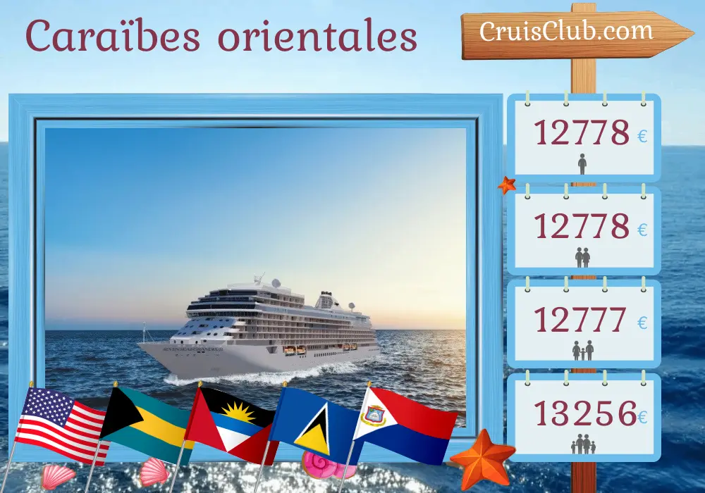 Croisière dans les Caraïbes de l`Est depuis Miami à bord du navire Seven Seas Grandeur avec des escales aux États-Unis, aux Bahamas, à Porto Rico, aux Îles Vierges britanniques, à Saint-Barthélemy et à Sainte-Lucie pendant 12 jours