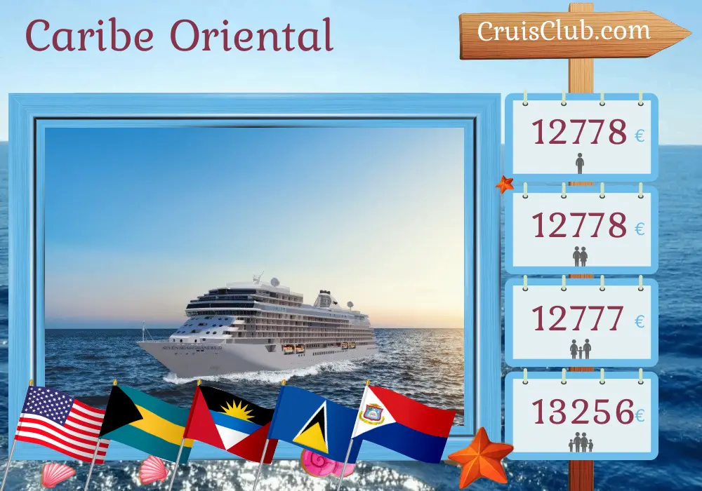 Cruzeiro no Caribe Oriental a partir de Miami a bordo do navio Seven Seas Grandeur com visitas aos EUA, Bahamas, Porto Rico, Ilhas Virgens Britânicas, São Bartolomeu e Santa Lúcia por 12 dias