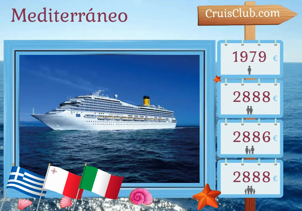 Crucero por el Mediterráneo desde Estambul hasta Savona a bordo del barco Costa Fortuna con visitas a Turquía, Grecia, Malta e Italia durante 12 días