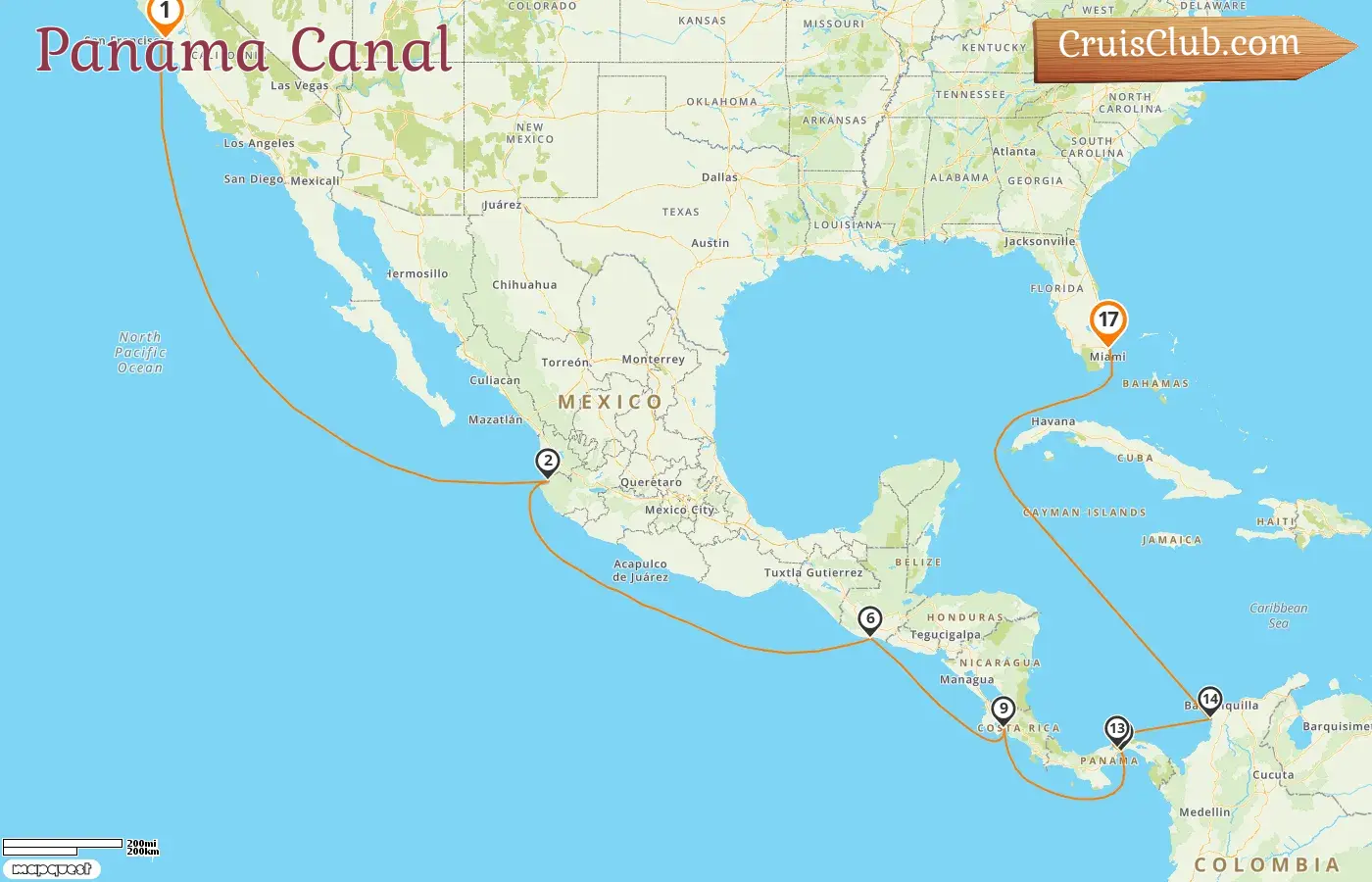 Cruise in the Panama Canal from San Francisco to Fort Lauderdale aboard Coral Princess ship with visits to USA, Mexico, Guatemala, Costa Rica, Panama, and Colombia for 17 days