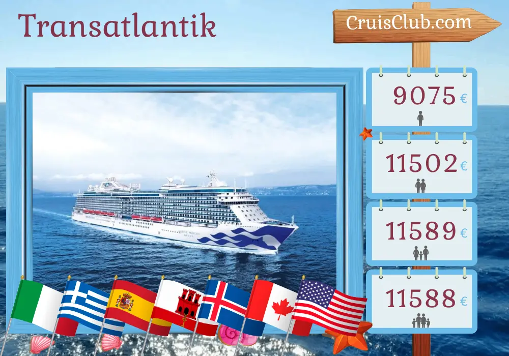 Kreuzfahrt über den Atlantik von Civitavecchia nach Boston an Bord des Schiffes Majestic Princess mit Besuchen in Italien, Griechenland, der Türkei, Spanien, Gibraltar, Island, Kanada und den USA für 34 Tage