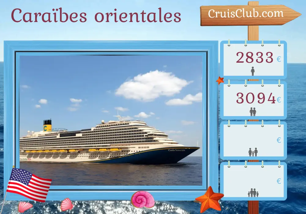 Croisière dans les Caraïbes orientales au départ de Port Canaveral / Orlando à bord du navire Carnival Venezia avec des escales aux États-Unis, en Dominique, à la Grenade, à la Barbade, à Saint-Kitts-et-Nevis et à Porto Rico pendant 15 jours