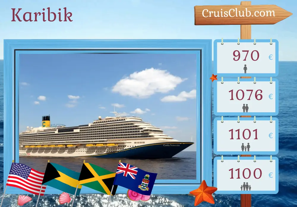 Kreuzfahrt in der Karibik ab Port Canaveral / Orlando an Bord des Kreuzfahrtschiffs Carnival Venezia mit Stopps in den USA, den Bahamas, Jamaika und den Cayman Islands für 8 Tage