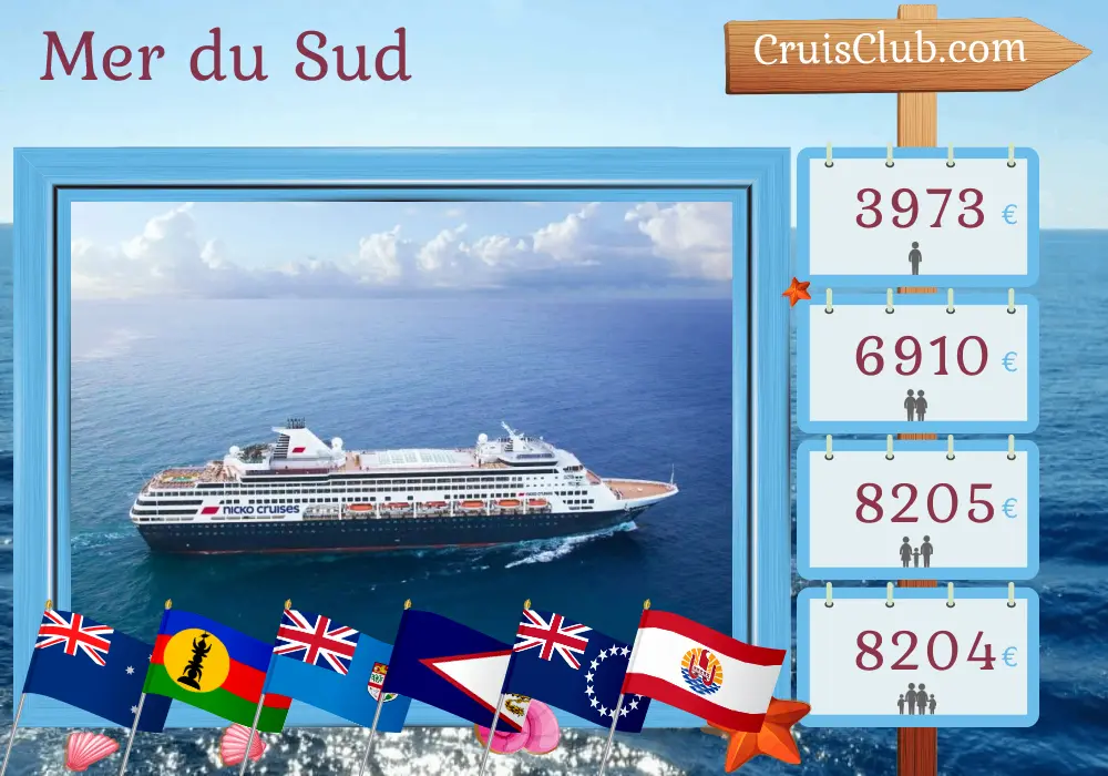 Croisière dans les îles du Pacifique Sud de Cairns à Papeete à bord du navire Vasco da Gama avec des visites en Australie, en Nouvelle-Calédonie, au Vanuatu, aux Fidji, aux Samoa, aux îles Cook et en Polynésie française pendant 18 jours