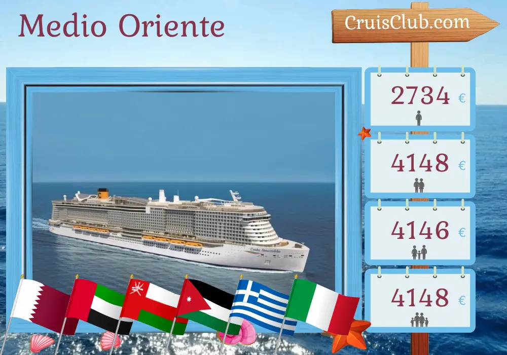 Crucero en Oriente Medio desde Doha a Génova a bordo del barco Costa Smeralda con visitas a Qatar, Emiratos Árabes Unidos, Omán, Jordania, Israel, Grecia e Italia durante 23 días