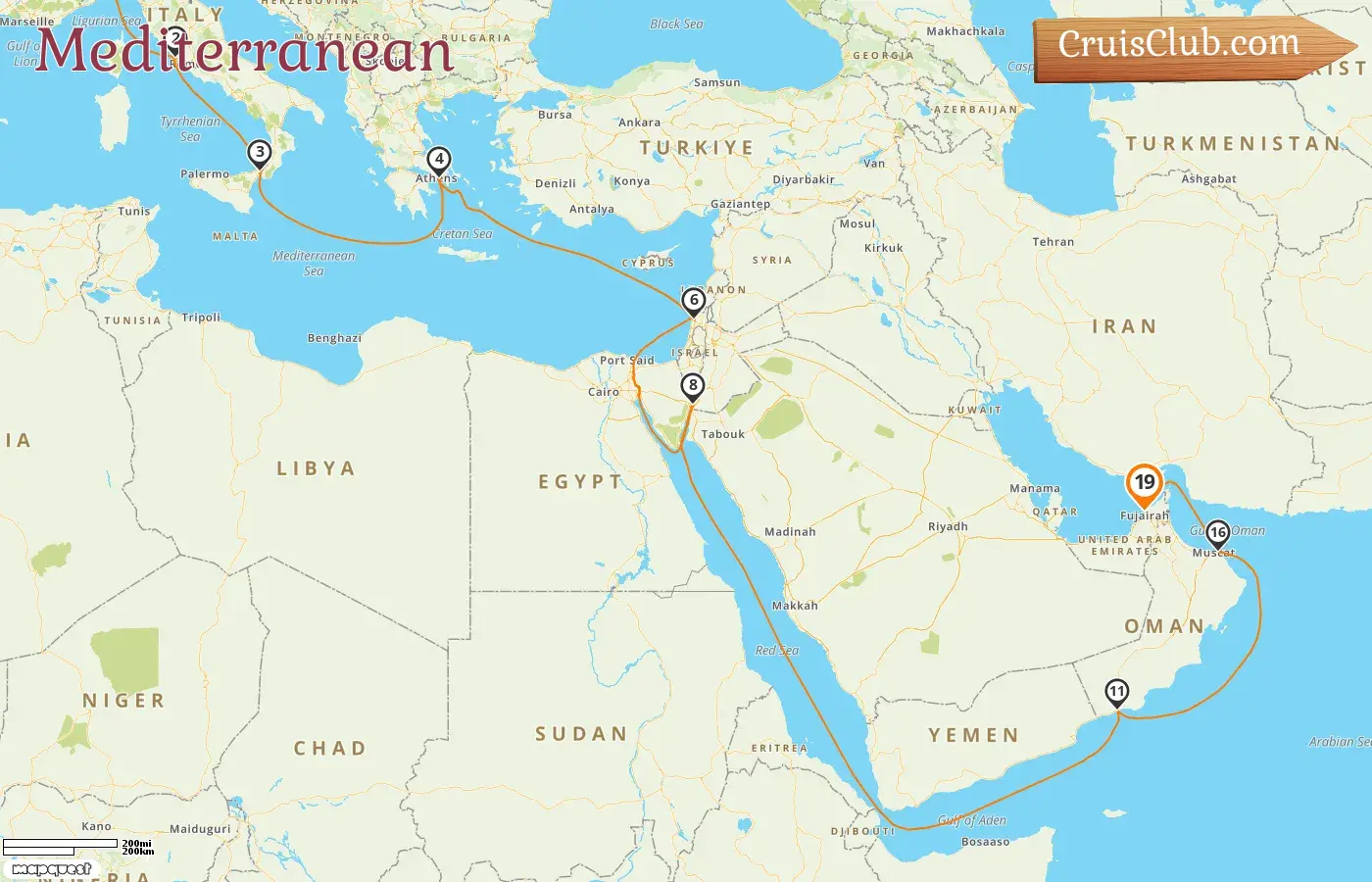 Cruise in the Mediterranean from Genoa to Dubai aboard Costa Smeralda ship with visits to Italy, Greece, Israel, Jordan, Oman, and United Arab Emirates for 19 days