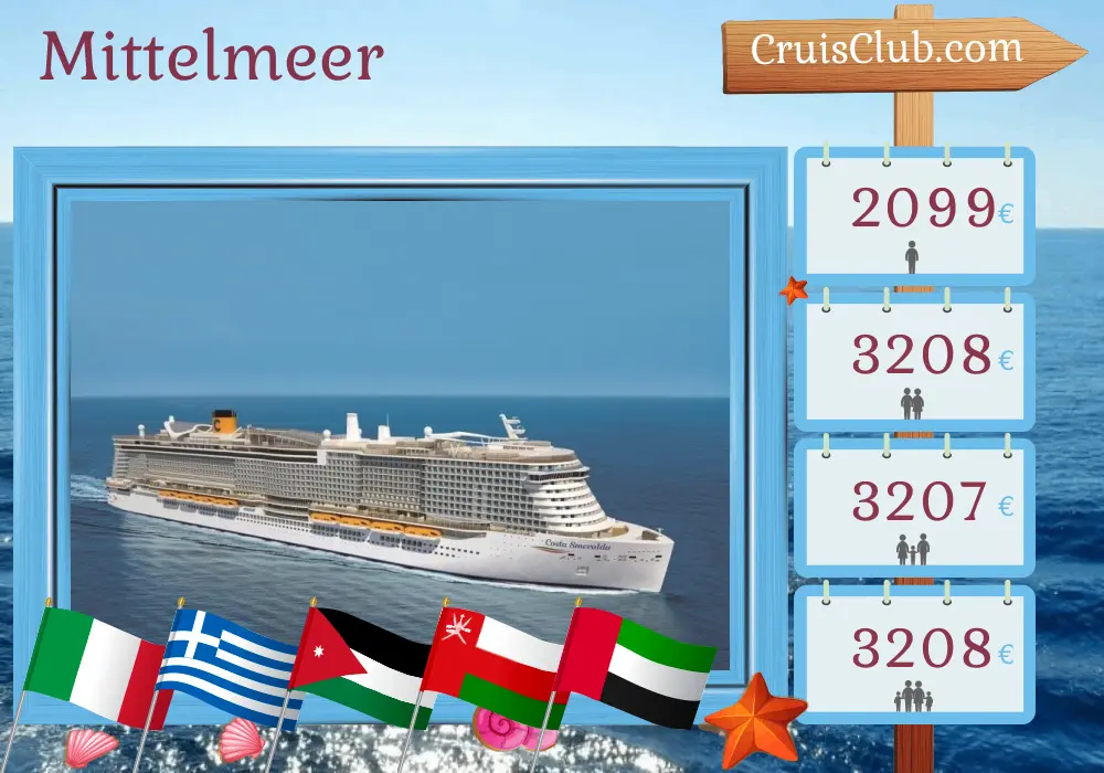 Kreuzfahrt im Mittelmeer von Genua nach Dubai an Bord des Schiffes Costa Smeralda mit Besuchen in Italien, Griechenland, Israel, Jordanien, Oman und den Vereinigten Arabischen Emiraten für 19 Tage