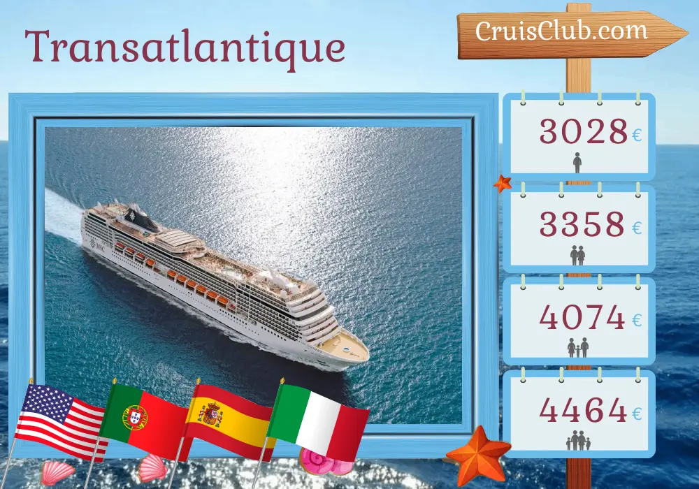 Croisière transatlantique de Miami à Civitavecchia à bord du MSC Magnifica avec des visites aux États-Unis, aux îles Vierges britanniques, en Martinique, à la Barbade, au Portugal, en Espagne et en Italie pendant 23 jours