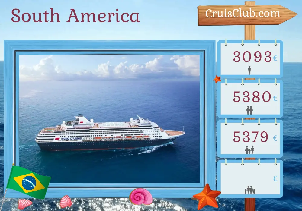 Cruise in the South America from Montevideo to Rio de Janeiro aboard Vasco da Gama ship with visits to Uruguay and Brazil for 15 days