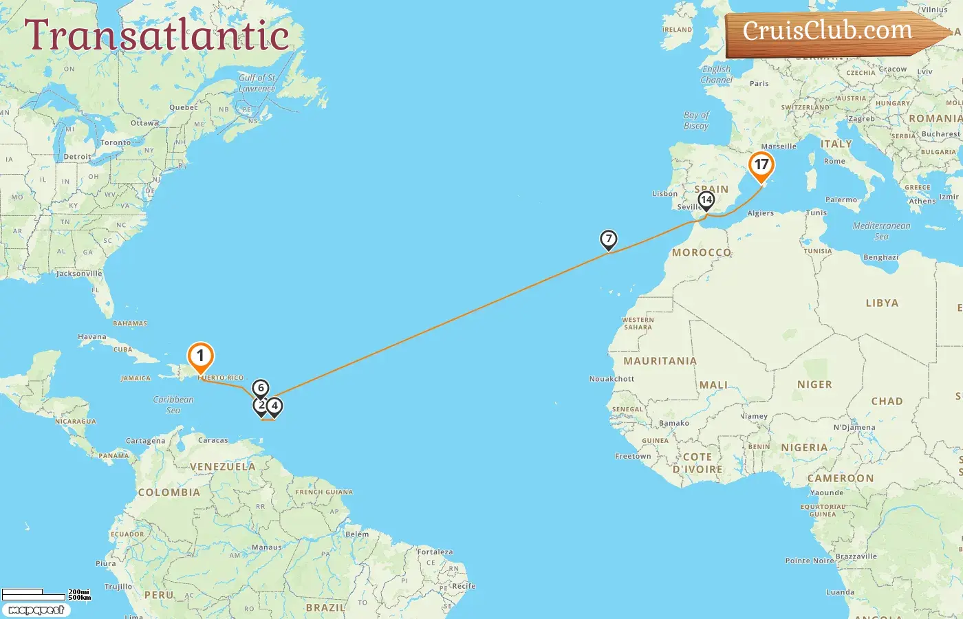 Transatlantic Cruise from La Romana to Palma aboard Mein Schiff 1 ship with visits to the Dominican Republic, Saint Vincent and the Grenadines, Barbados, Dominica, Portugal, and Spain for 17 days