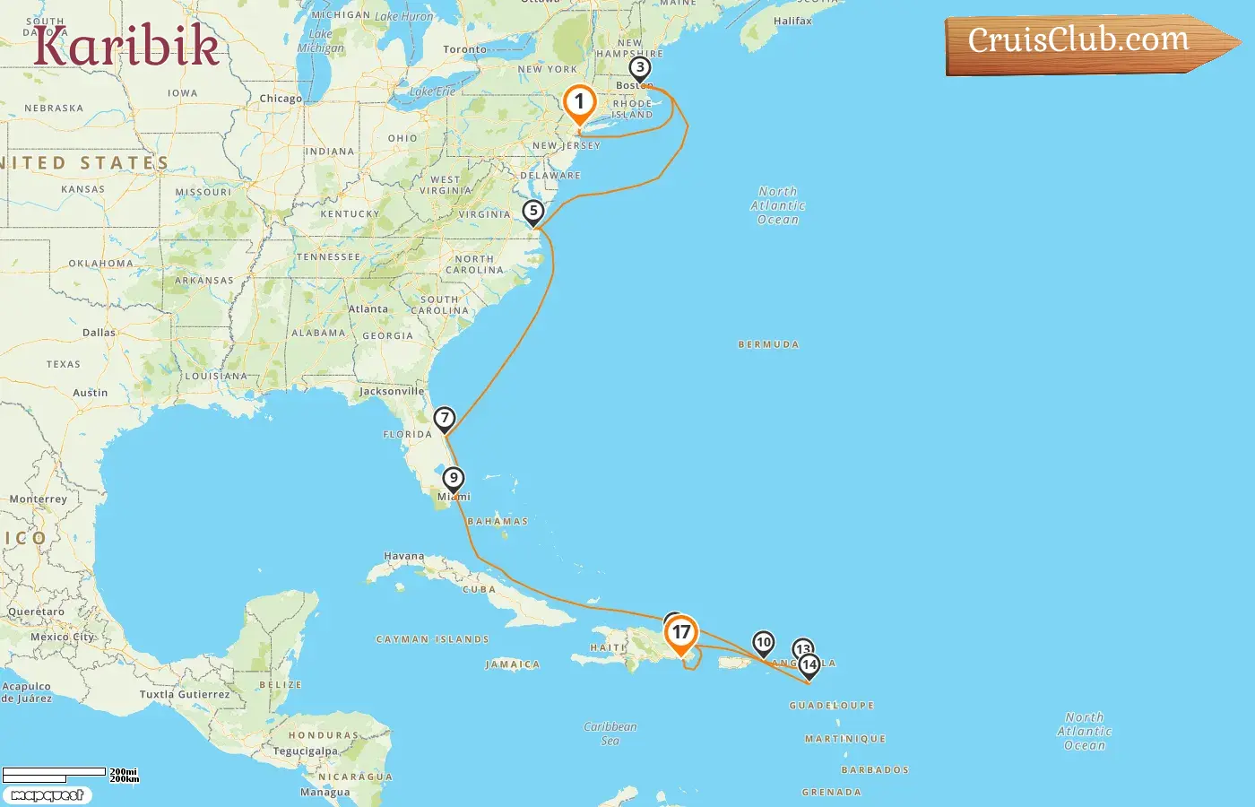 Kreuzfahrt in der Karibik von New York nach La Romana an Bord des Schiffs Mein Schiff 1 mit Besuchen in den USA, St. Kitts und Nevis sowie der Dominikanischen Republik für 17 Tage