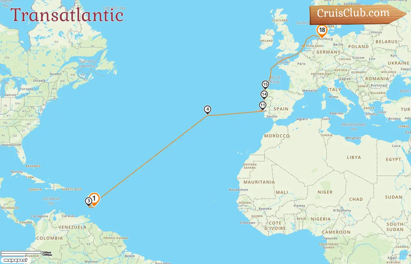 Cruise in the Transatlantic from Bridgetown to Bremerhaven aboard Mein Schiff 2 ship with visits to Barbados, Saint Vincent and the Grenadines, Portugal, Spain, and Germany for 18 days