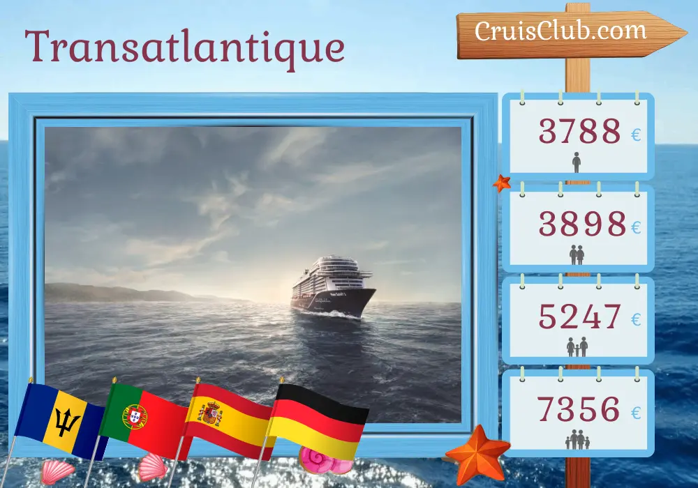 Croisière transatlantique de Bridgetown à Bremerhaven à bord du navire Mein Schiff 2 avec des visites à la Barbade, à Saint-Vincent et aux Grenadines, au Portugal, en Espagne et en Allemagne pendant 18 jours