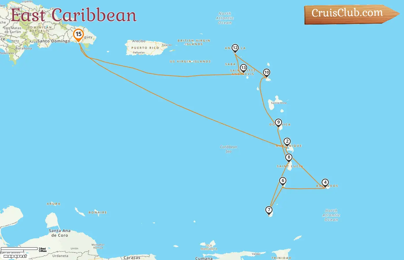 Cruise in the East Caribbean from La Romana aboard Mein Schiff 2 ship with visits to Dominican Republic, Martinique, Barbados, Saint Vincent and the Grenadines, Grenada, Saint Lucia, Dominica, and Saint Kitts and Nevis for 15 days