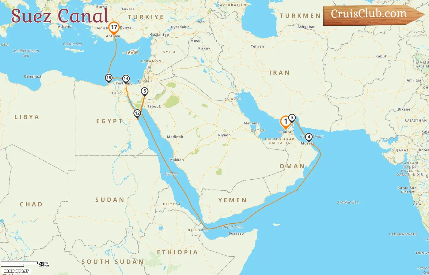 Cruise in the Suez Canal from Dubai to Antalya aboard Mein Schiff 4 ship with visits to United Arab Emirates, Oman, Jordan, Egypt, and Turkey for 17 days