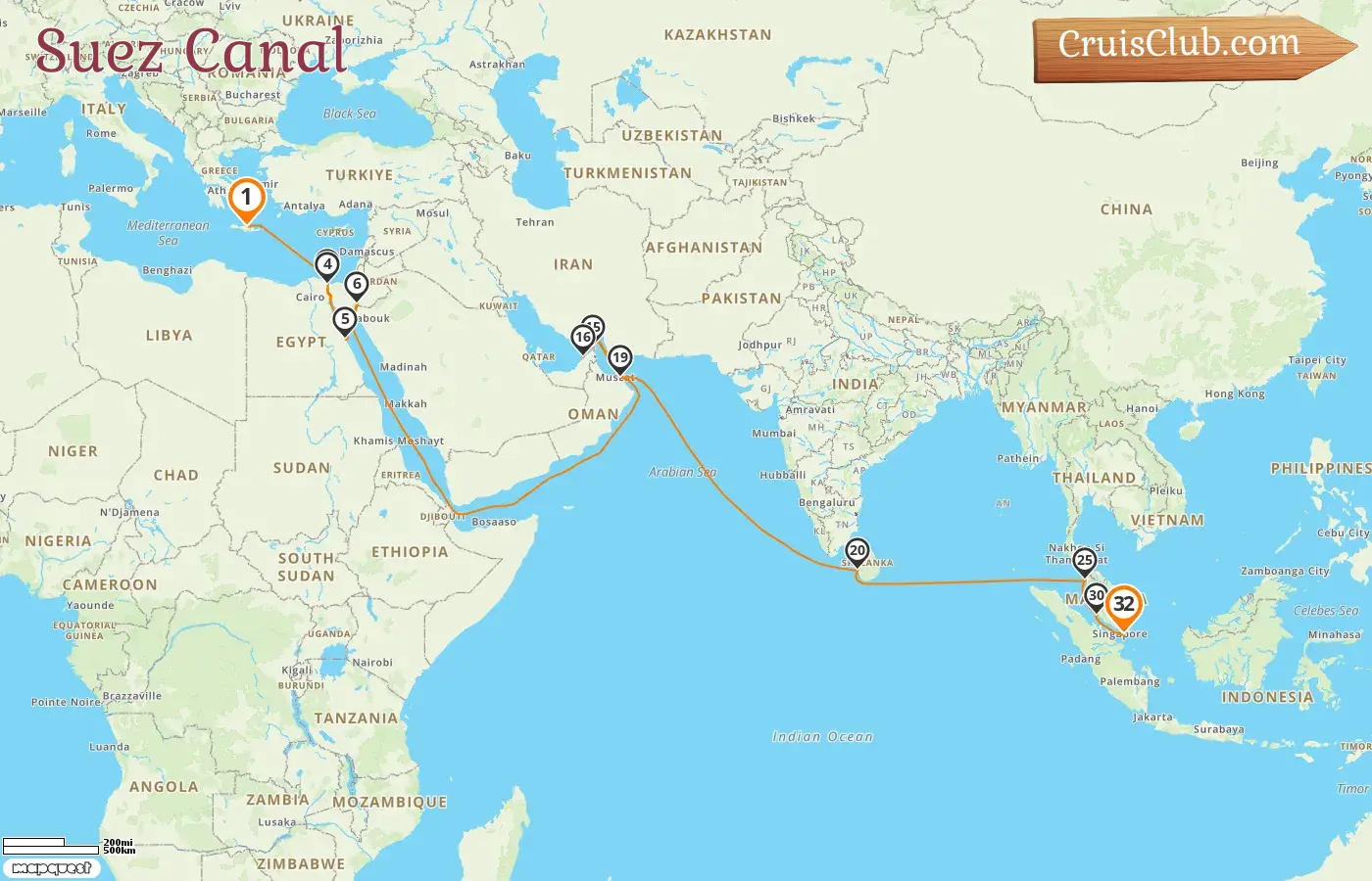 Cruise in the Suez Canal from Heraklion to Singapore aboard Mein Schiff 6 ship with visits to Greece, Egypt, Jordan, Oman, United Arab Emirates, Sri Lanka, Malaysia, and Singapore for 32 days