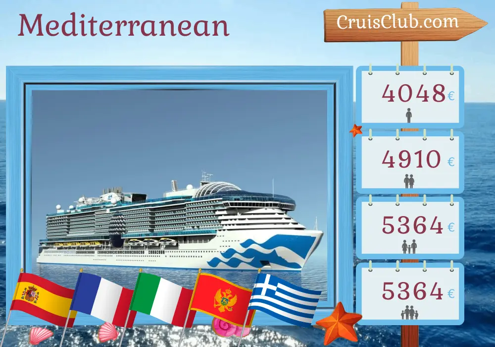 Cruise in the Mediterranean from Barcelona to Piraeus aboard Sun Princess ship with visits to Spain, France, Italy, Montenegro, and Greece for 12 days