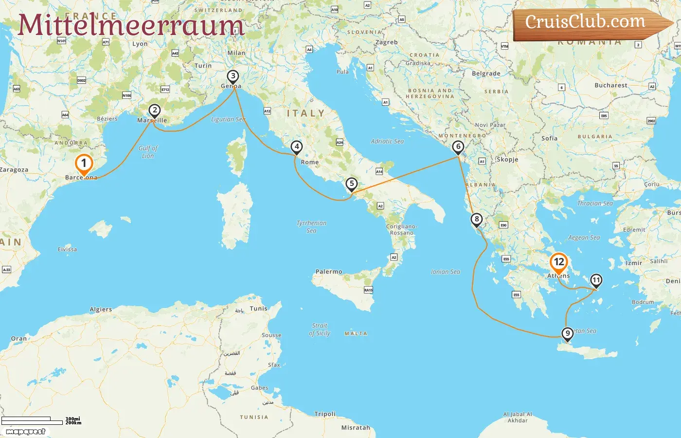 Kreuzfahrt im Mittelmeer von Barcelona nach Piräus an Bord des Sun Princess-Schiffs mit Besuchen in Spanien, Frankreich, Italien, Montenegro und Griechenland für 12 Tage