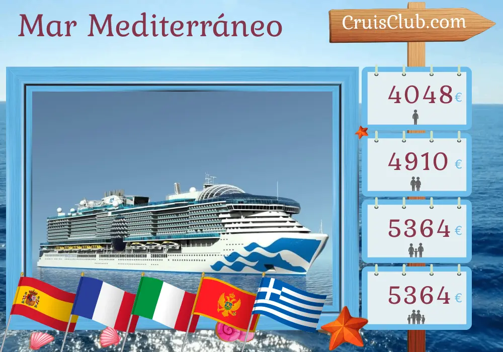 Crucero por el Mediterráneo desde Barcelona a El Pireo a bordo del barco Sun Princess con visitas a España, Francia, Italia, Montenegro y Grecia durante 12 días
