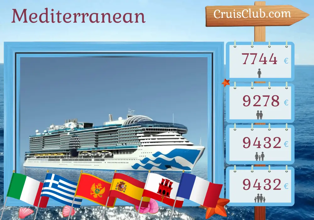 Cruise in the Mediterranean from Civitavecchia aboard Sun Princess ship with visits to Italy, Greece, Turkey, Montenegro, Spain, Gibraltar, and France for 22 days