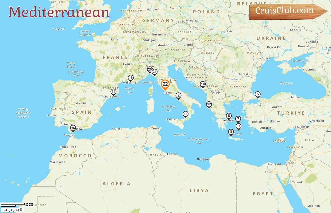 Cruise in the Mediterranean from Civitavecchia aboard Sun Princess ship with visits to Italy, Greece, Turkey, Montenegro, Spain, Gibraltar, and France for 22 days