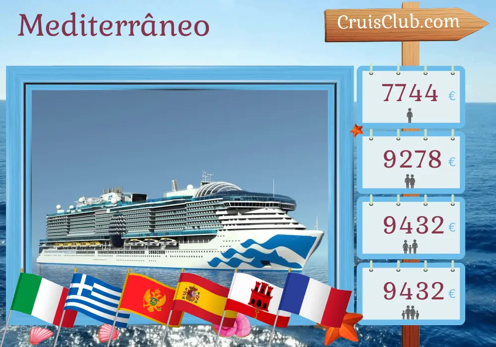 Cruzeiro pelo Mediterrâneo a partir de Civitavecchia a bordo do navio Sun Princess com visitas à Itália, Grécia, Turquia, Montenegro, Espanha, Gibraltar e França por 22 dias