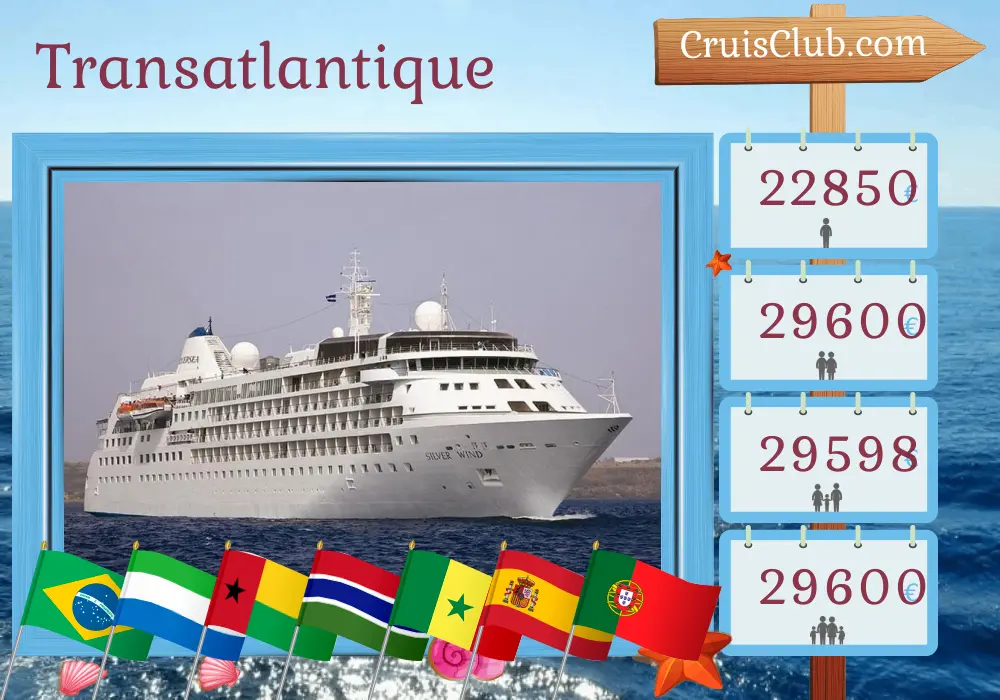 Croisière transatlantique de Manaus à Lisbonne à bord du navire Silver Wind avec visites au Brésil, en Sierra Leone, en Guinée-Bissau, en Gambie, au Sénégal, en Espagne, au Maroc et au Portugal pendant 36 jours