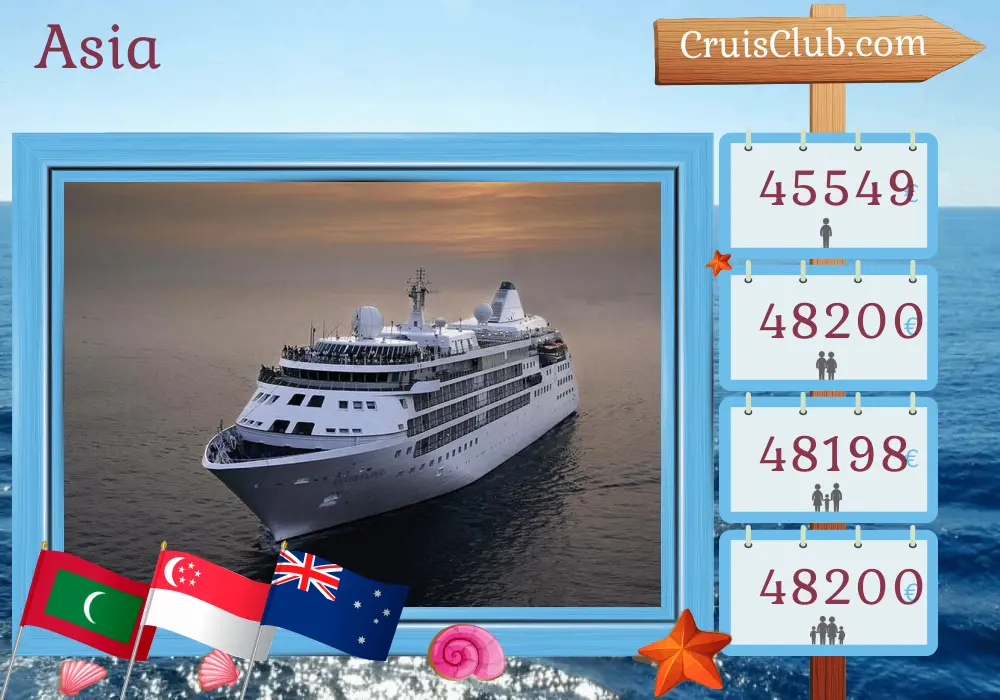 Crucero en Asia desde Male a Darwin a bordo del barco Silver Cloud con visitas a Maldivas, India, Sri Lanka, Indonesia, Singapur y Australia durante 33 días