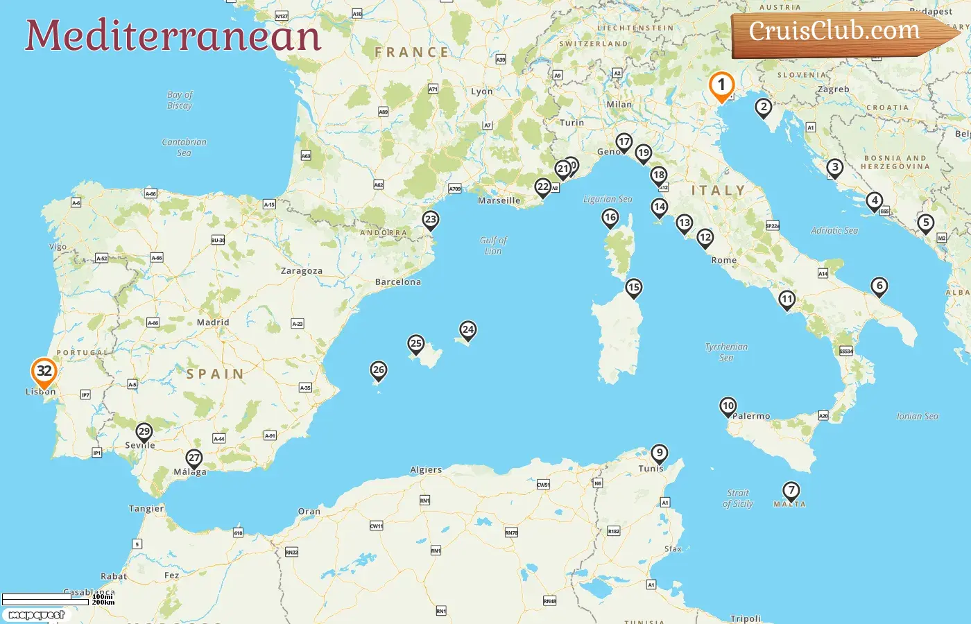 Cruise in the Mediterranean from Venice to Lisbon aboard Silver Whisper ship with visits to Italy, Croatia, Montenegro, Malta, Tunisia, France, Spain, and Portugal for 32 days