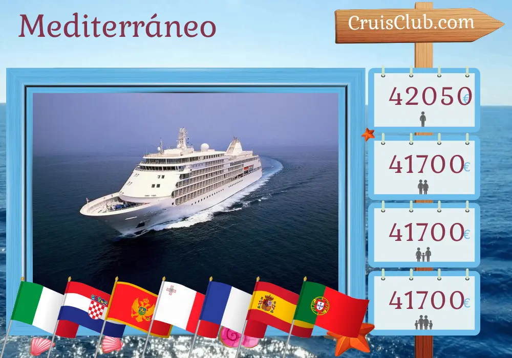 Crucero por el Mediterráneo desde Venecia hasta Lisboa a bordo del barco Silver Whisper con visitas a Italia, Croacia, Montenegro, Malta, Túnez, Francia, España y Portugal durante 32 días